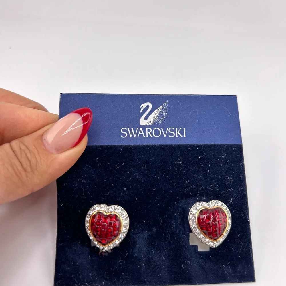 Vintage Women's Swarovski Red & Clear Crystal Curved Heart Clip On Earrings